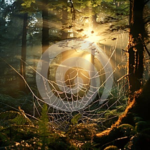 Mystical and Enchanting Forest Scene with Intricate Spiderwebs and Mesmerizing Morning Dew