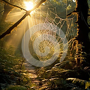 Mystical and Enchanting Forest Scene with Intricate Spiderwebs and Mesmerizing Morning Dew
