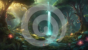The Mystical Enclave: An Enchanted Forest Brimming with Luminescent Plants and Legendary Creatures, Generative AI photo