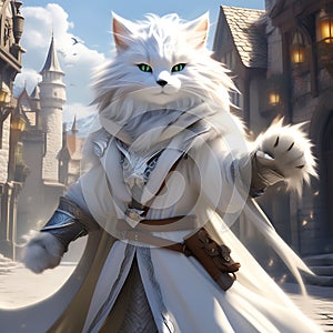 Furry Humanoid Cat Sorcerer in Traveler\'s Garb, Embracing Fantasy Ambience photo