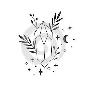 Mystical, esoteric or healing crystals with flowers, leaves. Linear art. Editable strocks. Vector illustration