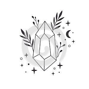 Mystical, esoteric or healing crystals with flowers, leaves. Linear art. Editable strocks. Vector illustration