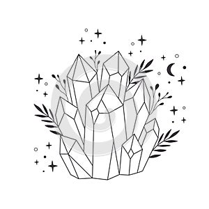 Mystical, esoteric or healing crystals with flowers, leaves. Linear art. Editable strocks. Vector illustration