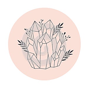 Mystical, esoteric or healing crystals with flowers, leaves. Linear art. Editable strocks. Vector illustration