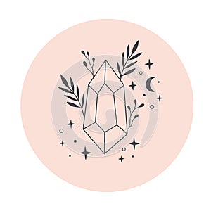 Mystical, esoteric or healing crystals with flowers, leaves. Linear art. Editable strocks. Vector illustration