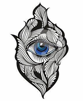 Mystical and esoteric logo of eye in a trendy decorative style. Vector emblems eye with floral elements