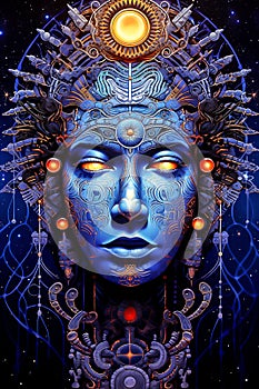 Mystical face of spirit, shaman with sacred geometry in blue and orange colors. Mysterious psychedelic relaxation pattern.