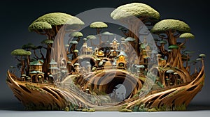 A mystical fairy tale forest with ancient, towering trees, their roots forming whimsical shapes