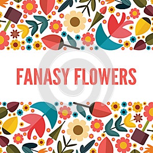 mystical fantasy flowers, horizontal baner. Daisy, tulip, cornflower, wild flowers. flat colored cartoon objects