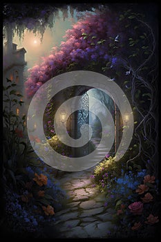Mystical fantasy scene with a door in the garden. 3d render