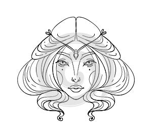 Mystical female portrait icon, face of a beautiful young woman, linear hand drawing, zodiac sign Virgo. Vector