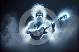 A mystical figure strums a luminescent guitar amidst a haze of smoke