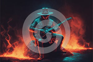 A mystical figure strums a luminescent guitar amidst a haze of smoke