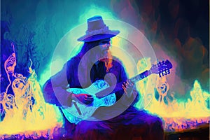 A mystical figure strums a luminescent guitar amidst a haze of smoke