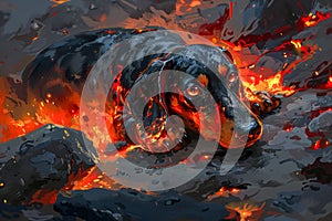 Mystical Fire Ember Dachshund Dog Lying on Volcanic Terrain Digital Art Illustration