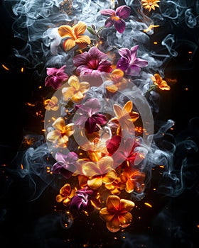 Mystical Floating Flowers Surrounded by Smoke and Sparks. Generative ai