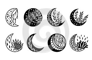 Mystical floral moon collection, celestial clipart, hand drawn line art mystical isolated symbols