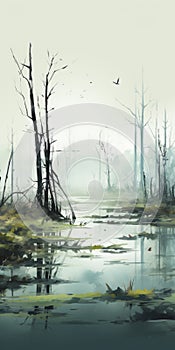 Mystical Fog Forest In Swamp: A Free Brushwork Drawing