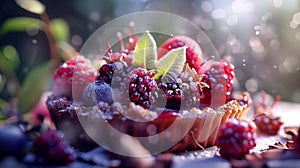 Mystical forest berries tart with fog mist, fantasy gourmet, clean 3D, close-up