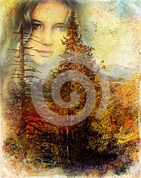 Mystical forest fairy guardian above a woodland landscape.