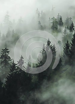 Mystical forest in the fog. Wallpaper