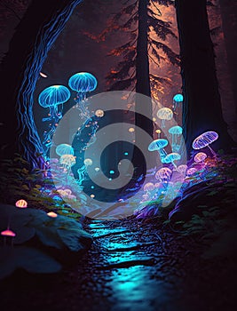 Mystical forest with glowing mushrooms (AI Generated)