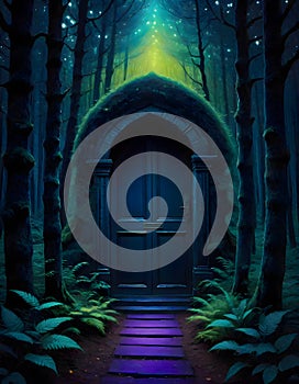 Mystical Forest with Glowing Portal, Generative AI