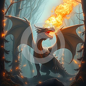A powerful dragon breathing fire in a magical forest, surrounded by glowing trees