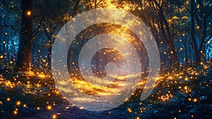 Mystical forest with a path in a fog. 3D rendering Generative AI