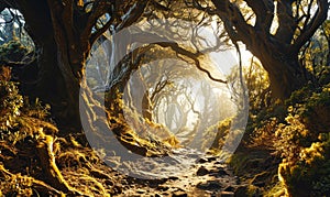 Mystical Forest Pathway Enveloped by Ancient Trees and Mist Evoking a Magical and Enchanted Atmosphere