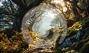 Mystical Forest Pathway Enveloped by Ancient Trees and Mist Evoking a Magical and Enchanted Atmosphere