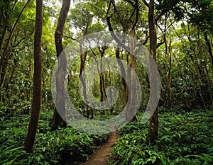 Mystical Forest Pathway: Nature's Tranquil Escape. Hidden Forest Trail: A Journey Through Nature. Ai generated. photo