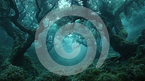 Mystical forest pathway shrouded in a deep teal mist
