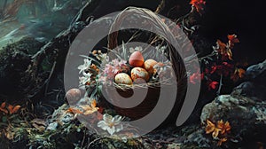 Mystical Forest Scene with Easter Eggs in a Rustic Basket