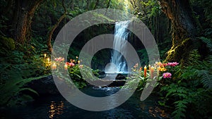 Mystical Forest with Serene Stream Reflecting Ambient Light in Digital Artwork