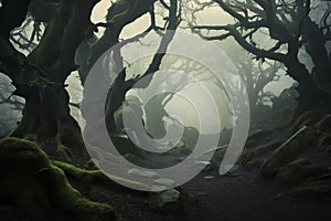 Mystical forest shrouded in mist, believed to be the home of mythical creatures and spirits. Generative AI