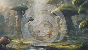 The Mystical Forest: A Spellbinding Landscape of Towering Trees and Luminous Mushrooms, Generative AI photo