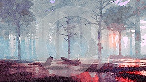 Mystical forest swamp watercolor sketch landscape