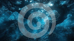 Mystical forest trees, blue glow, fog, surreal