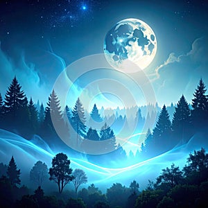 Mystical Forest Under a Glowing Full Moon at Night with Blue Sky and Starry Landscape