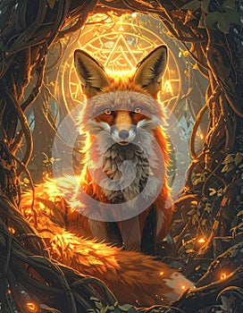 Mystical Fox in Enchanted Forest with Pentagram