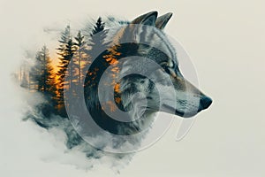 Mystical Fusion: Double Exposure Wolf and Enchanted Forest.Generative ai