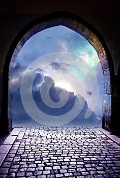 Mystical gate with universe, stars and angelic divine sky