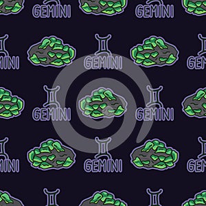 Mystical Gemini star sign with emerald birth stone crystal seamless vector pattern. Hand drawn geology background. Trendy magical