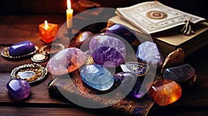 Mystical Gemstones with Tarot Cards and Candles