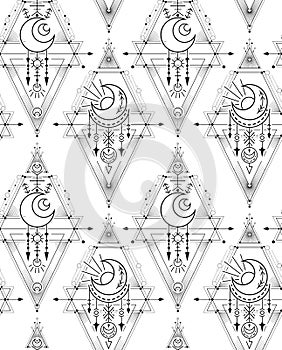 Mystical geometric pattern. Vector texture with occult symbols with stars and crescent. Sacral contour monochrome background