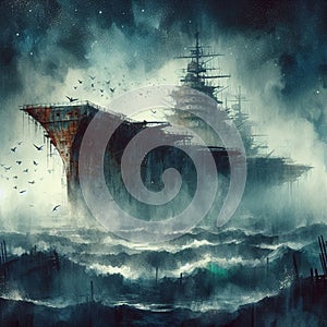 Mystical ghost ship aircraft carrier, beauty and mystery.