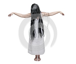 Mystical ghost woman in white shirt with long black hair