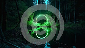 Mystical glowing neon creepy circle or portal over water or lake in the forest, AI generated