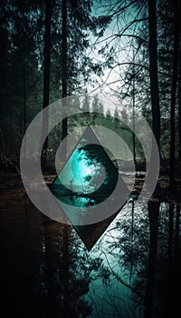 Mystical glowing neon creepy triangle or portal over water or lake in the forest, AI generated